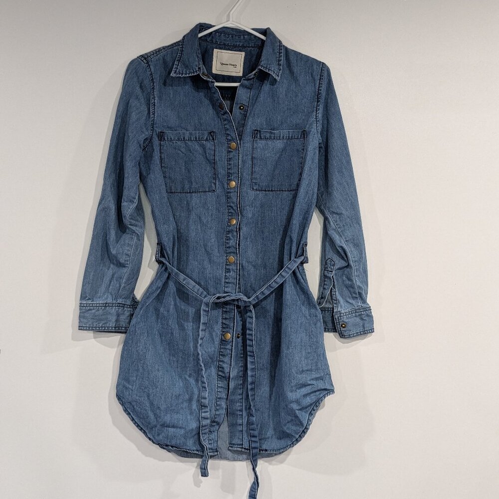 Queen Hearts Snapfront Belted Denim Dress Blue Size Small